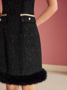 MOTF PREMIUM TWEED CONTRAST FUZZY HEM DRESS - Black - View 3