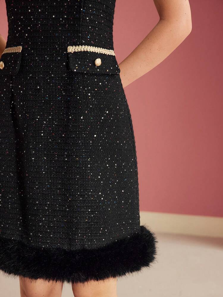 TWEED CONTRAST FUZZY HEM DRESS