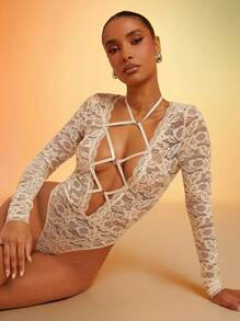 SHEIN Unity Plunge Neck Lace Bodysuit Simple Fashionable Hollow Sexy - Beige - View 3