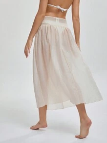 Women's Apricot Color Waist Frill Hem Casual Beach Dress, Summer - Apricot - View 3