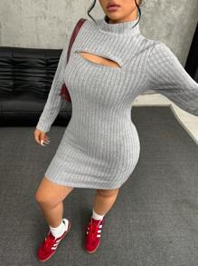 SHEIN EZwear Plus Size Women Ribbed Zip Detail Fitted Midi Dress, Autumn/Winter - Grey - View 6