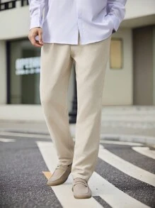 Manfinity Mode Men's Woven Elastic Waist Drawstring Straight Leg Casual Trousers, Suitable For Daily Wear - Khaki - View 4