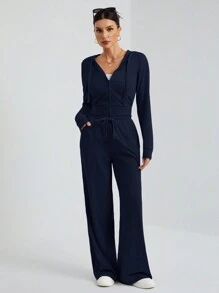 SHEIN Tall Conjunto informal de dos piezas con top gris con capucha y cremallera al frente ajustado + pantalón de pierna ancha