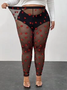 SHEIN CURVE+ Plus Size Women's See Through Heart-Shaped Pattern Tight Leggings, Sexy Valentine's Day Style, Suitable For Dating