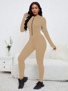 VaVaBold One-Piece Plain Zipper Fitted Casual Jumpsuit, Stylish For Everyday Wear