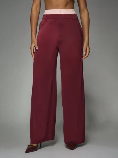 MISSGUIDED Double Boxer Waistband Satin Tailored Wide Leg Trousers