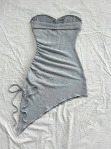 Soleia Women's Vacation Ribbed Knit Gray Marl Ruched Twist Waist Drawstring Hem Slit Asymmetric Hem Mini Dress, Stylish Layering For Autumn/Winter - Grey - View 2