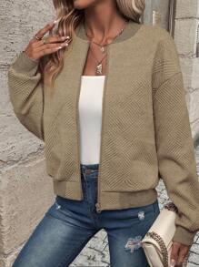 EMERY ROSE Women Front Zip Long Sleeve Simple Jacket, Casual Everyday Wear Fall Winter Cloth For Women - Khaki - View 1