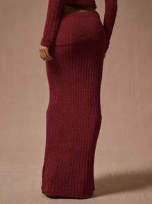 MUSERA Knit Maxi Skirt Brunch Bodycon Fitted For Winter - Burgundy - View 4