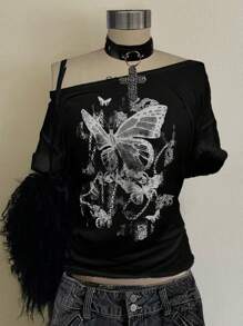 Attitoon Camiseta holgada de mujer con diseño de mariposa de estilo punk casual - Negro - Ver 1