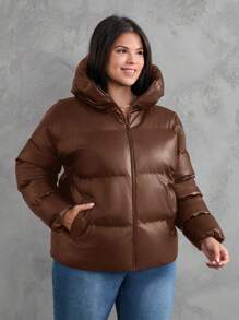 EURMUSE Damen Übergangsjacke mit Reißverschluss und Kapuze, gefüttert, aus PU-Material, Große Größen - Braun - Übersicht 4