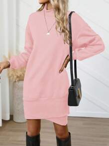 SHEIN LUNE Vestido de sudadera de cuello alto de unicolor, atuendo casual y elegante de uso diario, sudadera con cuello alto para otoño