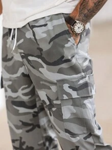 Manfinity Homme Men's Casual Outdoor Camo Cargo Pants With Flap Pockets, Autumn, Fall