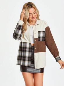 SHEIN LUNE Women's Elegant Casual Commuting Shirt With Vintage Plaid, Color Contrast, Button Collar, Pockets, Corduroy Patchwork, Suitable For Autumn And Winter