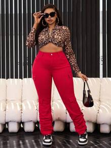 Slaydiva Plus Size Women Multi-Pocket Washed Denim Flared Pants, Casual - Red - View 4