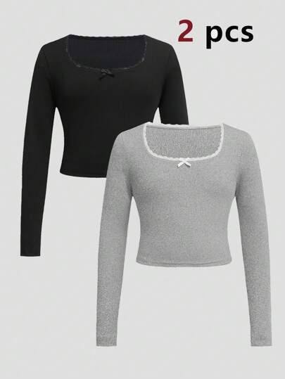 2 件套适合少女，优雅蕾丝边圆领蝴蝶结装饰，甜美风格休闲 T 恤，适合秋季、春季和冬季