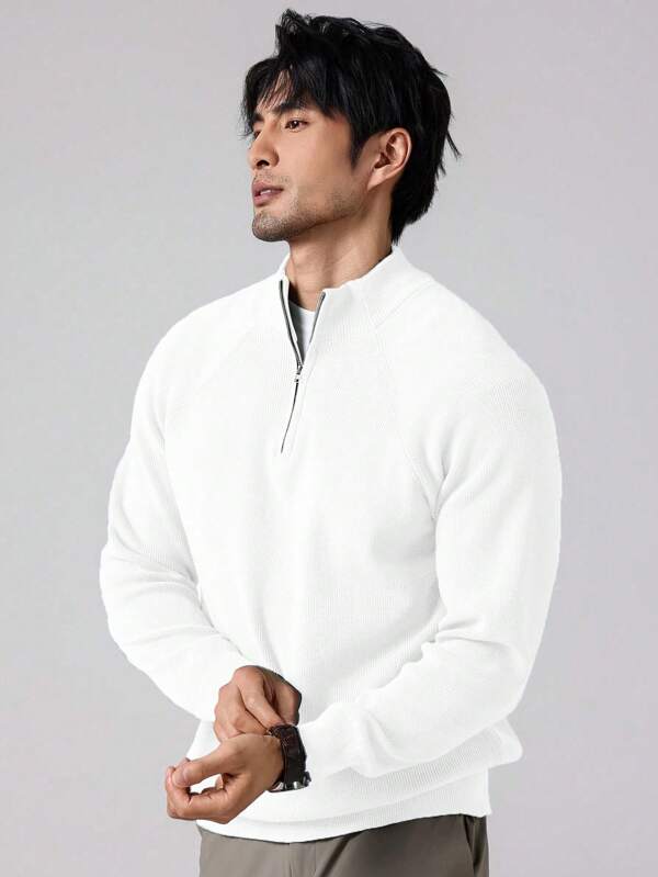 Manfinity Homme Men's Solid Color Half-Zip Casual Pullover Sweater, Men Sweat Shirts, Men White Outfit, Men Zip Up Shirt, Men Knit Tops