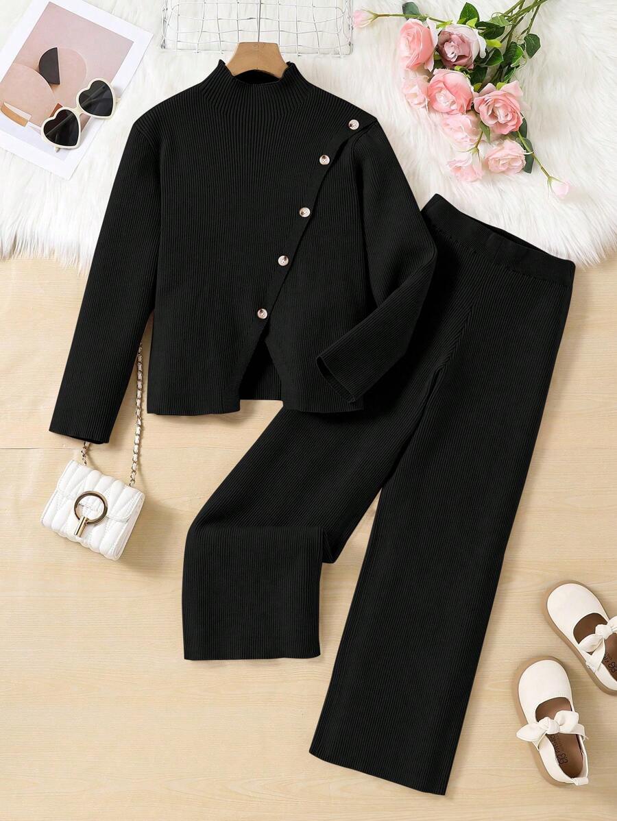 2 件套 Tween Girl 秋冬保暖套装，时尚休闲高领套头衫，开衩下摆，阔腿裤针织套装，适合居家、外出和旅行 - 黑色 - 查看 1