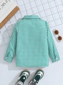 年轻男孩休闲黑白格子长袖口袋衬衫，春秋 - 綠色 - 查看 2