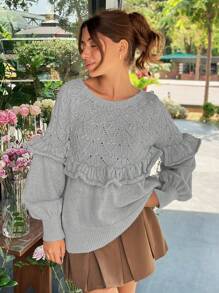 EURMUSE Women's Solid Color Ruffled Jacquard Pullover Sweater, Long Sleeve, Autumn/Winter - Light Grey - View 6