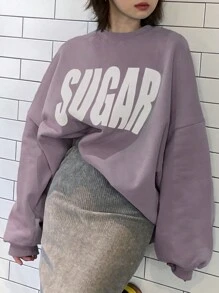 DAZY Women's Oversized Casual Big Letter Print Fleece Sweatshirt, For Spring/Autumn - Purple - View 3