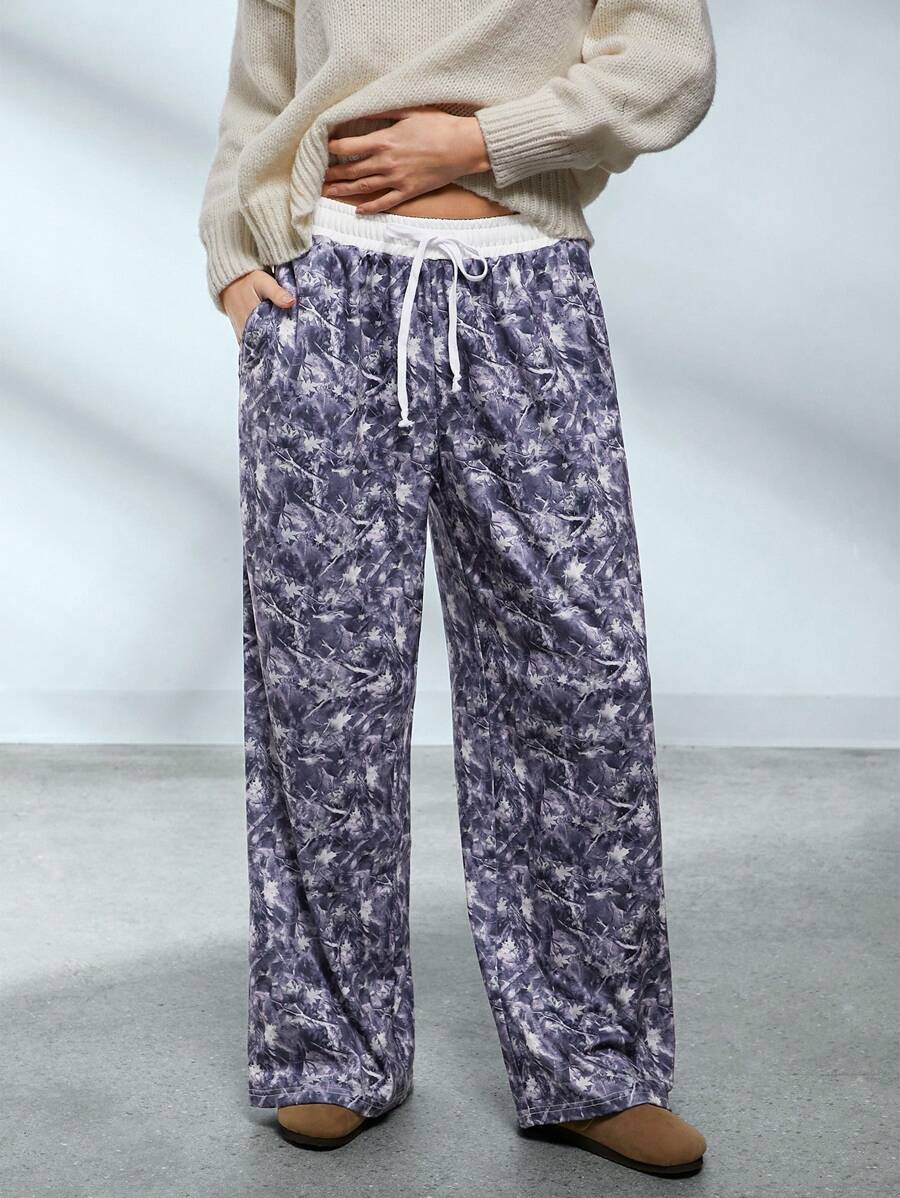 SHEIN EZwear Women's Twig Knit Wide Leg Lounge Pants - Coffee Brown - View 1