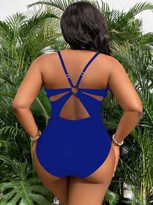 Swim Vcay Plus Size Monokini Swimsuit, Solid Color With Tie Design, Sexy Cutout Summer - Royal Blue - View 2