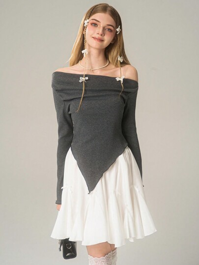 Teen Girls Solid Asymmetric Collar Hollow Out Long Sleeve Y2K Dropped Shoulder Fitted Knit Top