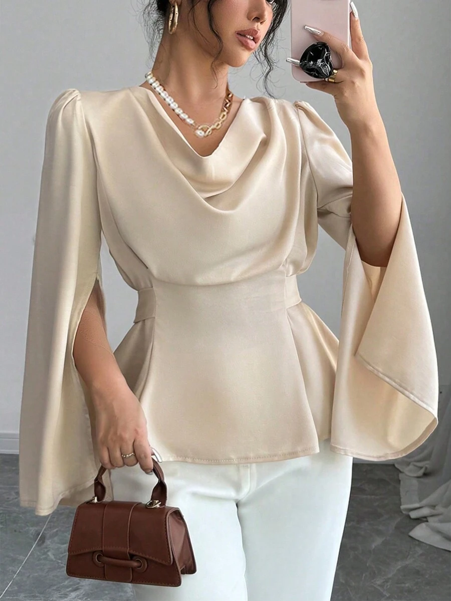 Elenzga Blusa/Top con peplum de mujer de talla grande, unicolor, con abertura en las mangas, cintura con nudo y escote bajo - Albaricoque - Ver 1