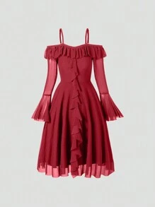 Tween Girls Elegant Off Shoulder Straps Ruffled Mesh Tight Knit Dress - Red - View 1
