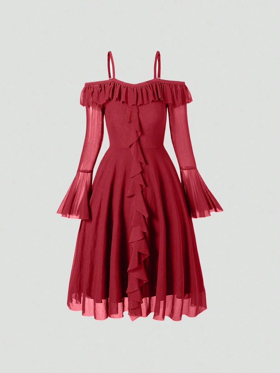 Tween Girls Elegant Off Shoulder Straps Ruffled Mesh Tight Knit Dress - Red - View 1