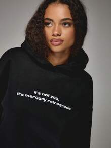 MISSGUIDED Mercury Retrograde Zodiac Astrology Horoscope Statement Oversized Pullover Hoodie Winter Loungewear Cozy Fleece Astrological Gift - Black - View 5