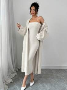 Chiquease 2pcs Loose Long Cardigan And Slip Dress Set - White - View 4