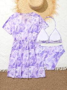 Teen Girl Tie-Dye Print Halter Bikini Set With Cover-Up Dress