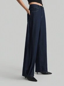 Ontre 2025 新款女士纯色口袋优雅通勤直筒牛仔裤，春夏季宽松牛仔裤