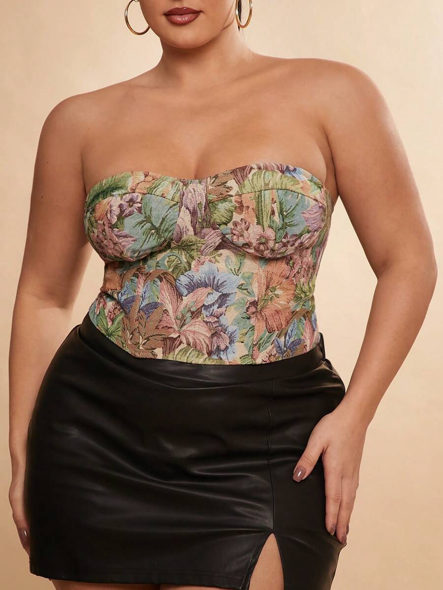 SHEIN BAE Eleganter schwarzer Jacquard-Fischgrätmuster-BH in Große Größen, geeignet für Dates, Nachmittagstee, Partys, Strickoberteil, Korsett, Bluse, T-Shirt, Grundoberteil, Frühlingskleidung, dezente Kleider, Sommeroutfits, Arbeitskleidung, Valentinstag, Hohlmuster, Tierdruck, Sexy, Y2K, Off-Shoulder Oberteil - Verschiedenfarbig - Übersicht 1