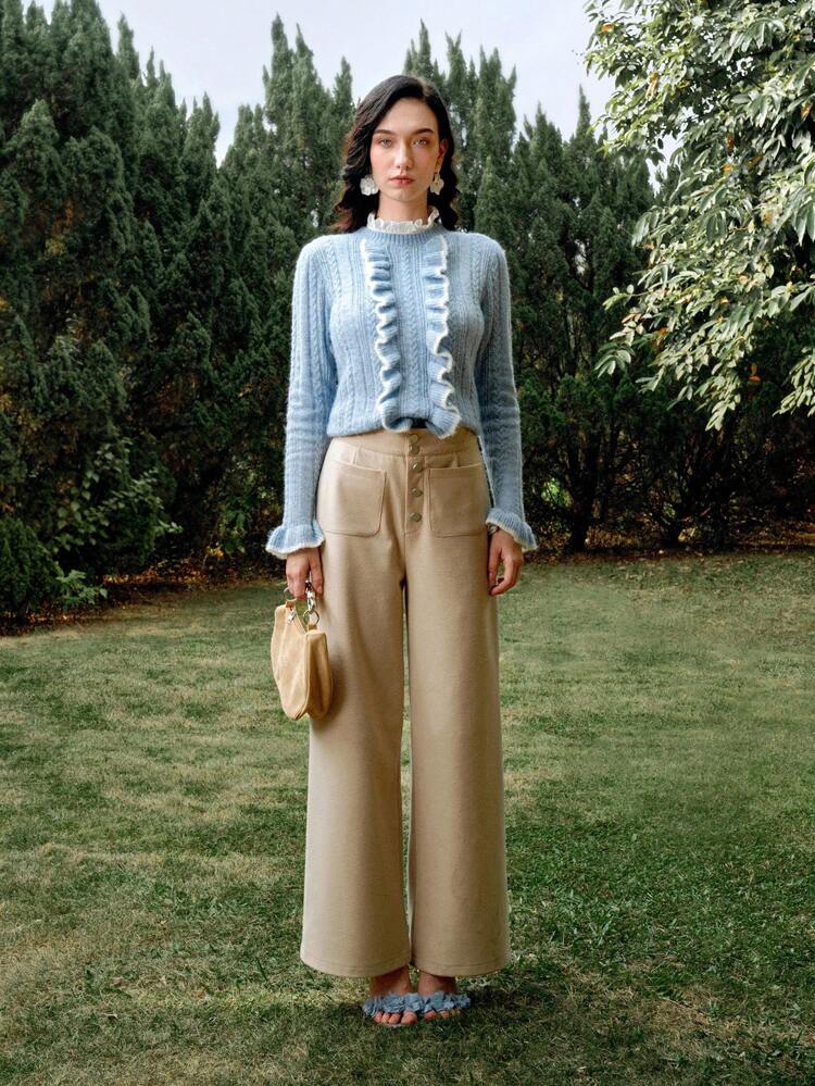 WOOL BUTTON FLY PATCH POCKET WIDE LEG PANTS