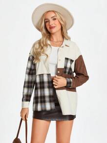 SHEIN LUNE Women's Elegant Casual Commuting Shirt With Vintage Plaid, Color Contrast, Button Collar, Pockets, Corduroy Patchwork, Suitable For Autumn And Winter