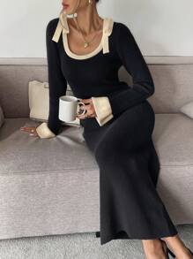 SHEIN Frenchy Women' Color Block Trim Knot Bowknot Detailed Elegant Black Long Sleeve Sweater Dress,Elegant Women Dresses,French Clashing Bowknot Black Square Neck Long Sleeve Sweater Dresses,Fall Women Dresses