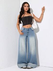 SHEIN EZwear 女式图案刺绣口袋宽松休闲牛仔裤