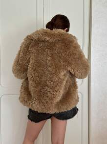 EMERY ROSE Casual Solid Color Turn-Down Collar Short Fluffy Coat, Autumn/Winter Fall Cloth For Women - Yellow - View 2