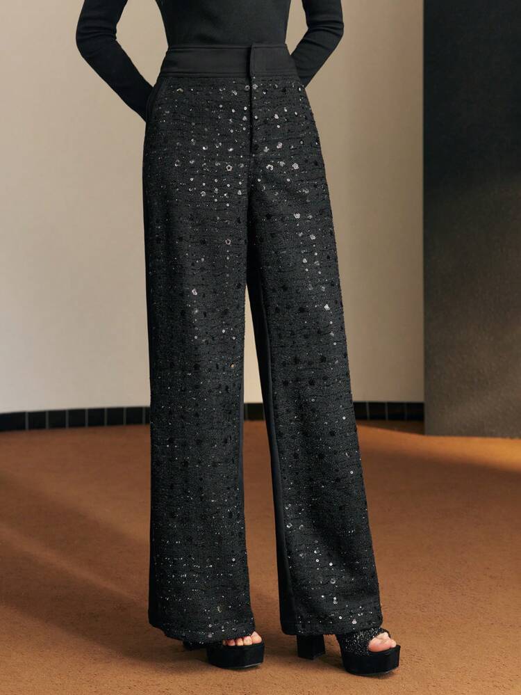 SEQUIN TAILORED WIDE LEG SUIT PANTS