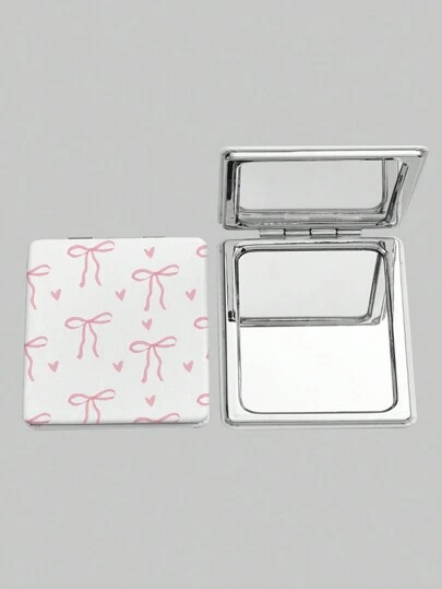 ROMWE Kawaii 1pc Pink Bow & Heart Print Square Makeup Mirror, Portable Hand Held Mirror For Girls (Pattern Placement Random)