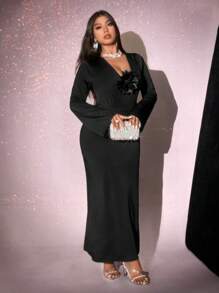 Viva Relle Plus Size Elegant Knitted Flower Ruched Dress,Valentine - Black - View 4