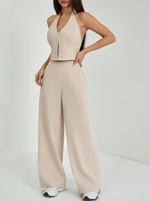 SHEIN PETITE Spring/Summer Office Lady V-Neck Sleeveless Top With Open Back & Wide Leg Pants, Slimming And Lengthening Outfit For Streetwear