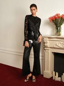 MOTF STUDIO LACE BOW FRONT SLIM FIT TEE - Black - View 9