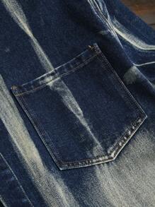 Manfinity Homme Men Allover Print Patch Pockets Button Front Ripped Casual Long Sleeve Denim Shirt, Fall - Blue - View 3