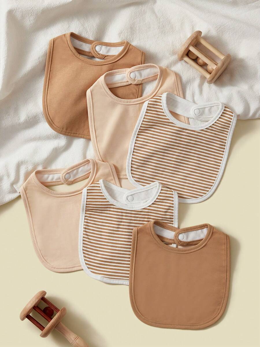 Set de 6 baberos para bebé, a rayas y de unicolor, diseño neutro unisex, para la dentición