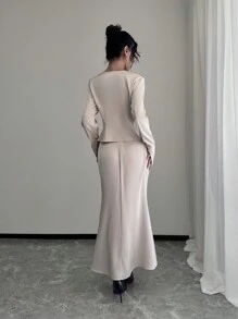 Chiquease Elegant Wrap Front Blouse & Cinched Waist Skirt 2 Pieces Set, Women Fall Cloth For Women