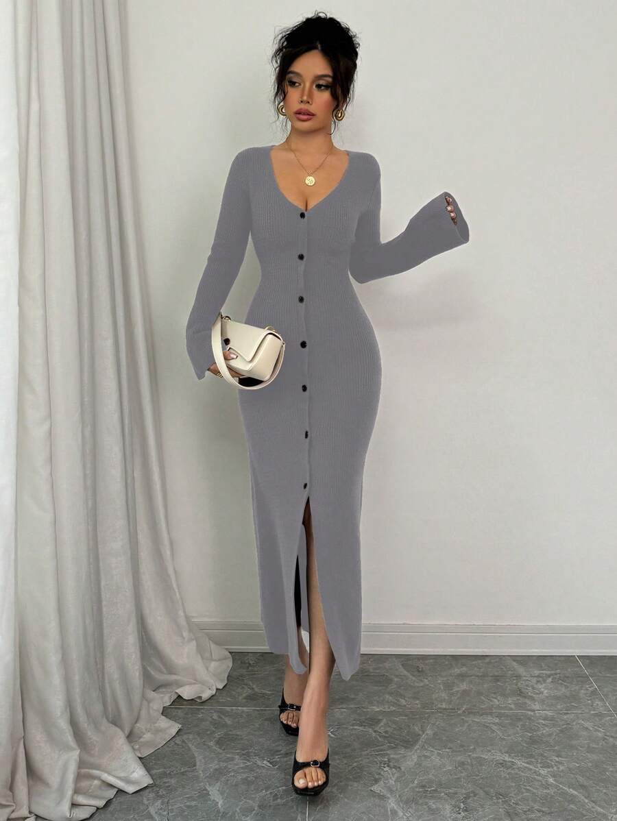 Elenzga Women Front Button Flare Sleeve Sweater Dress - Grey - View 1